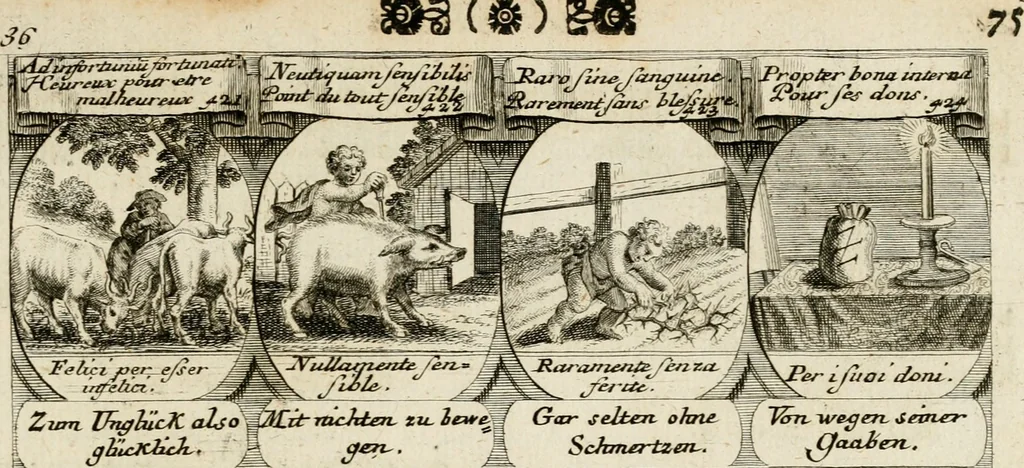 An illustration from M. Laurentii Wolfgangi Woyttens Emblematischer Parnassus : worauf die Musen, ihre Blumen-Lese, zu allerhand Freuden und Trauer-Kräntzen halten : um, den Lob-werthen Tugend-Chor, durch angenehme Rosen : hergegen, das ungezähmte Laster-Thun, mit wildem Dorn- und Distel-Flor, zu krönen : nach specialem Verlangen, in einem Gefilde, von funffzehen Hundert in dreyen verschiedlichen Theilen verfassten .., 1727, leaf 254