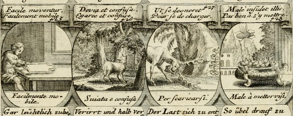 An illustration from M. Laurentii Wolfgangi Woyttens Emblematischer Parnassus : worauf die Musen, ihre Blumen-Lese, zu allerhand Freuden und Trauer-Kräntzen halten : um, den Lob-werthen Tugend-Chor, durch angenehme Rosen : hergegen, das ungezähmte Laster-Thun, mit wildem Dorn- und Distel-Flor, zu krönen : nach specialem Verlangen, in einem Gefilde, von funffzehen Hundert in dreyen verschiedlichen Theilen verfassten .., 1727, leaf 254