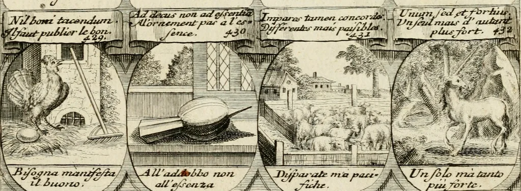 An illustration from M. Laurentii Wolfgangi Woyttens Emblematischer Parnassus : worauf die Musen, ihre Blumen-Lese, zu allerhand Freuden und Trauer-Kräntzen halten : um, den Lob-werthen Tugend-Chor, durch angenehme Rosen : hergegen, das ungezähmte Laster-Thun, mit wildem Dorn- und Distel-Flor, zu krönen : nach specialem Verlangen, in einem Gefilde, von funffzehen Hundert in dreyen verschiedlichen Theilen verfassten .., 1727, leaf 254