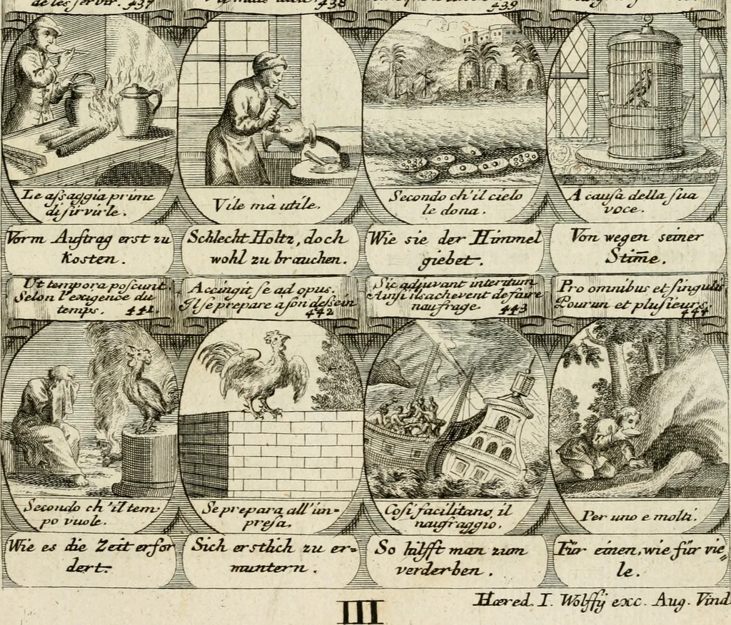 An illustration from M. Laurentii Wolfgangi Woyttens Emblematischer Parnassus : worauf die Musen, ihre Blumen-Lese, zu allerhand Freuden und Trauer-Kräntzen halten : um, den Lob-werthen Tugend-Chor, durch angenehme Rosen : hergegen, das ungezähmte Laster-Thun, mit wildem Dorn- und Distel-Flor, zu krönen : nach specialem Verlangen, in einem Gefilde, von funffzehen Hundert in dreyen verschiedlichen Theilen verfassten .., 1727, leaf 256