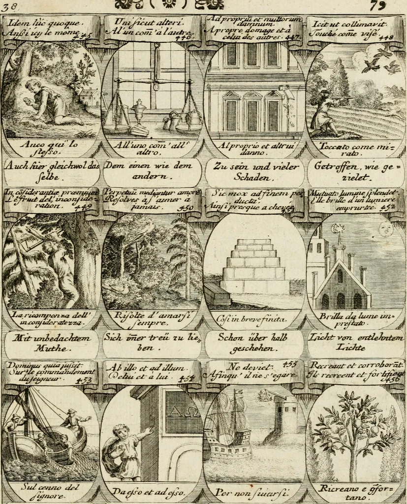 An illustration from M. Laurentii Wolfgangi Woyttens Emblematischer Parnassus : worauf die Musen, ihre Blumen-Lese, zu allerhand Freuden und Trauer-Kräntzen halten : um, den Lob-werthen Tugend-Chor, durch angenehme Rosen : hergegen, das ungezähmte Laster-Thun, mit wildem Dorn- und Distel-Flor, zu krönen : nach specialem Verlangen, in einem Gefilde, von funffzehen Hundert in dreyen verschiedlichen Theilen verfassten .., 1727, leaf 258