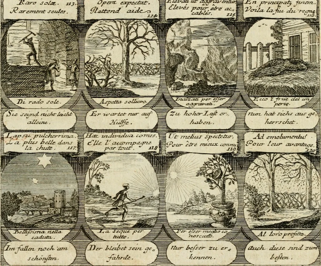 An illustration from M. Laurentii Wolfgangi Woyttens Emblematischer Parnassus : worauf die Musen, ihre Blumen-Lese, zu allerhand Freuden und Trauer-Kräntzen halten : um, den Lob-werthen Tugend-Chor, durch angenehme Rosen : hergegen, das ungezähmte Laster-Thun, mit wildem Dorn- und Distel-Flor, zu krönen : nach specialem Verlangen, in einem Gefilde, von funffzehen Hundert in dreyen verschiedlichen Theilen verfassten .., 1727, leaf 26