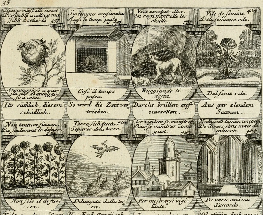 An illustration from M. Laurentii Wolfgangi Woyttens Emblematischer Parnassus : worauf die Musen, ihre Blumen-Lese, zu allerhand Freuden und Trauer-Kräntzen halten : um, den Lob-werthen Tugend-Chor, durch angenehme Rosen : hergegen, das ungezähmte Laster-Thun, mit wildem Dorn- und Distel-Flor, zu krönen : nach specialem Verlangen, in einem Gefilde, von funffzehen Hundert in dreyen verschiedlichen Theilen verfassten .., 1727, leaf 260