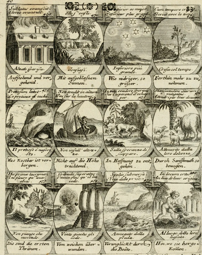 An illustration from M. Laurentii Wolfgangi Woyttens Emblematischer Parnassus : worauf die Musen, ihre Blumen-Lese, zu allerhand Freuden und Trauer-Kräntzen halten : um, den Lob-werthen Tugend-Chor, durch angenehme Rosen : hergegen, das ungezähmte Laster-Thun, mit wildem Dorn- und Distel-Flor, zu krönen : nach specialem Verlangen, in einem Gefilde, von funffzehen Hundert in dreyen verschiedlichen Theilen verfassten .., 1727, leaf 262