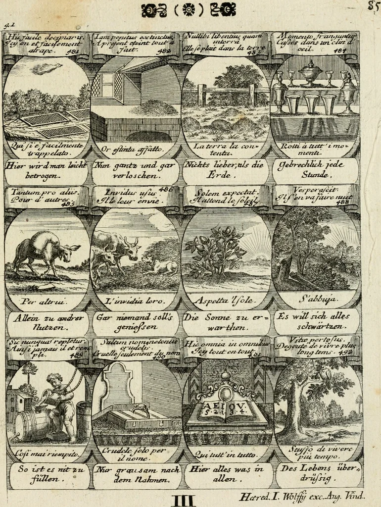 An illustration from M. Laurentii Wolfgangi Woyttens Emblematischer Parnassus : worauf die Musen, ihre Blumen-Lese, zu allerhand Freuden und Trauer-Kräntzen halten : um, den Lob-werthen Tugend-Chor, durch angenehme Rosen : hergegen, das ungezähmte Laster-Thun, mit wildem Dorn- und Distel-Flor, zu krönen : nach specialem Verlangen, in einem Gefilde, von funffzehen Hundert in dreyen verschiedlichen Theilen verfassten .., 1727, leaf 264
