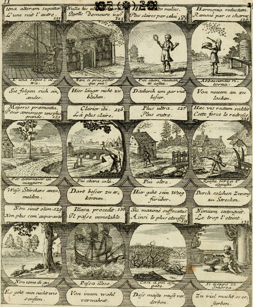 An illustration from M. Laurentii Wolfgangi Woyttens Emblematischer Parnassus : worauf die Musen, ihre Blumen-Lese, zu allerhand Freuden und Trauer-Kräntzen halten : um, den Lob-werthen Tugend-Chor, durch angenehme Rosen : hergegen, das ungezähmte Laster-Thun, mit wildem Dorn- und Distel-Flor, zu krönen : nach specialem Verlangen, in einem Gefilde, von funffzehen Hundert in dreyen verschiedlichen Theilen verfassten .., 1727, leaf 28