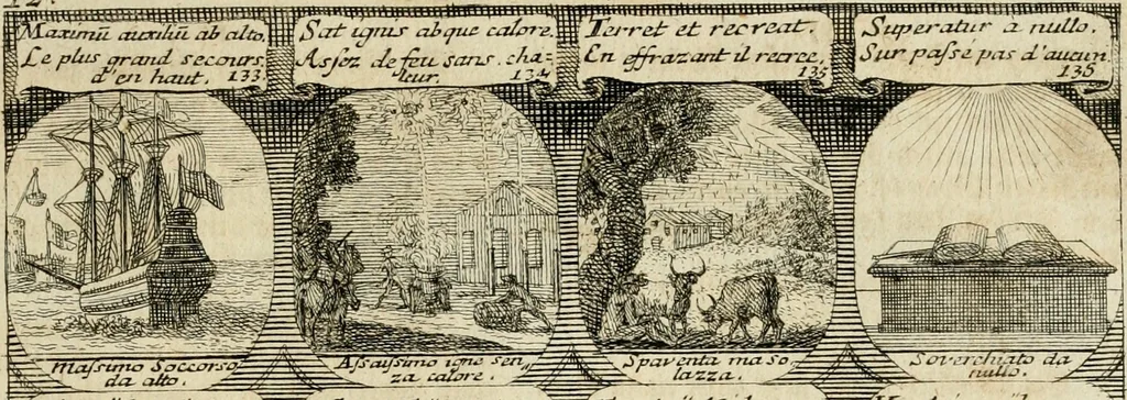 An illustration from M. Laurentii Wolfgangi Woyttens Emblematischer Parnassus : worauf die Musen, ihre Blumen-Lese, zu allerhand Freuden und Trauer-Kräntzen halten : um, den Lob-werthen Tugend-Chor, durch angenehme Rosen : hergegen, das ungezähmte Laster-Thun, mit wildem Dorn- und Distel-Flor, zu krönen : nach specialem Verlangen, in einem Gefilde, von funffzehen Hundert in dreyen verschiedlichen Theilen verfassten .., 1727, leaf 30