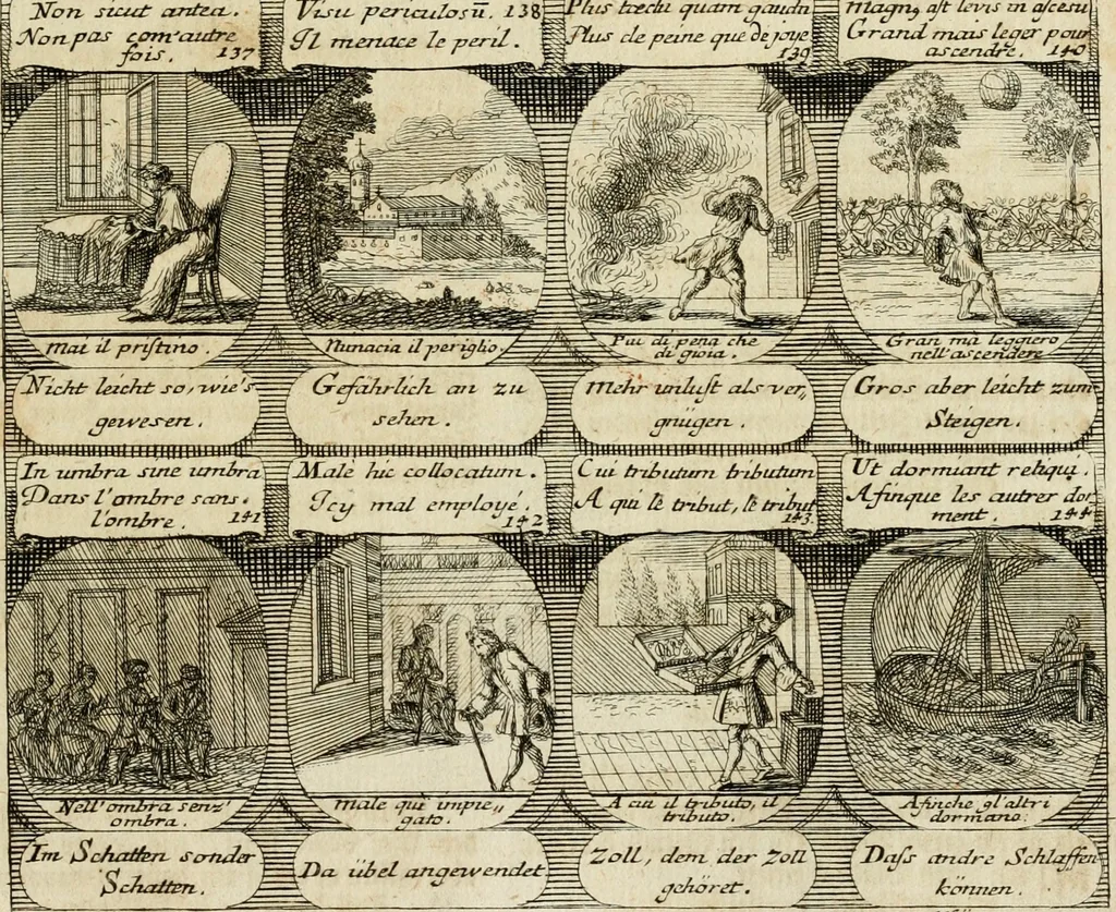 An illustration from M. Laurentii Wolfgangi Woyttens Emblematischer Parnassus : worauf die Musen, ihre Blumen-Lese, zu allerhand Freuden und Trauer-Kräntzen halten : um, den Lob-werthen Tugend-Chor, durch angenehme Rosen : hergegen, das ungezähmte Laster-Thun, mit wildem Dorn- und Distel-Flor, zu krönen : nach specialem Verlangen, in einem Gefilde, von funffzehen Hundert in dreyen verschiedlichen Theilen verfassten .., 1727, leaf 30