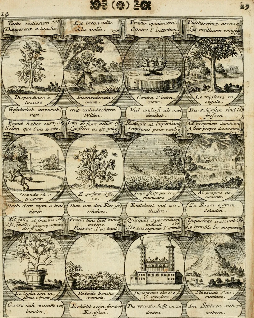 An illustration from M. Laurentii Wolfgangi Woyttens Emblematischer Parnassus : worauf die Musen, ihre Blumen-Lese, zu allerhand Freuden und Trauer-Kräntzen halten : um, den Lob-werthen Tugend-Chor, durch angenehme Rosen : hergegen, das ungezähmte Laster-Thun, mit wildem Dorn- und Distel-Flor, zu krönen : nach specialem Verlangen, in einem Gefilde, von funffzehen Hundert in dreyen verschiedlichen Theilen verfassten .., 1727, leaf 34