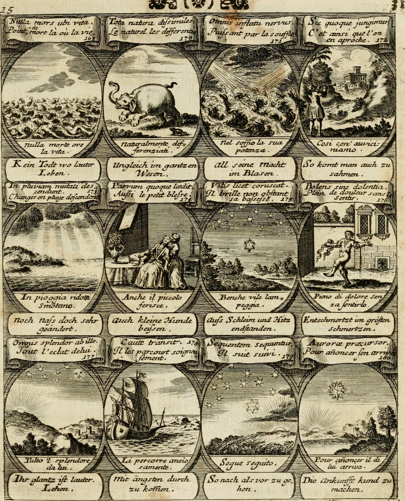 An illustration from M. Laurentii Wolfgangi Woyttens Emblematischer Parnassus : worauf die Musen, ihre Blumen-Lese, zu allerhand Freuden und Trauer-Kräntzen halten : um, den Lob-werthen Tugend-Chor, durch angenehme Rosen : hergegen, das ungezähmte Laster-Thun, mit wildem Dorn- und Distel-Flor, zu krönen : nach specialem Verlangen, in einem Gefilde, von funffzehen Hundert in dreyen verschiedlichen Theilen verfassten .., 1727, leaf 36
