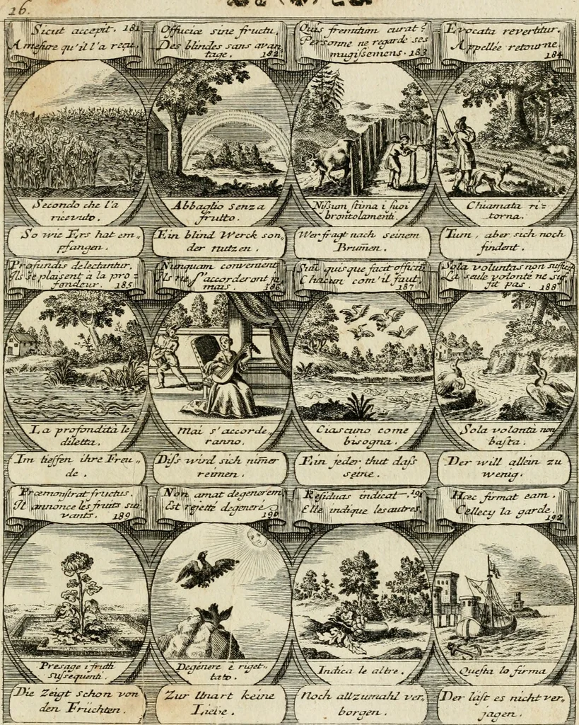 An illustration from M. Laurentii Wolfgangi Woyttens Emblematischer Parnassus : worauf die Musen, ihre Blumen-Lese, zu allerhand Freuden und Trauer-Kräntzen halten : um, den Lob-werthen Tugend-Chor, durch angenehme Rosen : hergegen, das ungezähmte Laster-Thun, mit wildem Dorn- und Distel-Flor, zu krönen : nach specialem Verlangen, in einem Gefilde, von funffzehen Hundert in dreyen verschiedlichen Theilen verfassten .., 1727, leaf 38