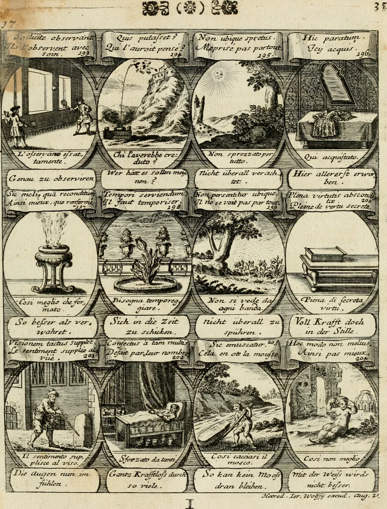An illustration from M. Laurentii Wolfgangi Woyttens Emblematischer Parnassus : worauf die Musen, ihre Blumen-Lese, zu allerhand Freuden und Trauer-Kräntzen halten : um, den Lob-werthen Tugend-Chor, durch angenehme Rosen : hergegen, das ungezähmte Laster-Thun, mit wildem Dorn- und Distel-Flor, zu krönen : nach specialem Verlangen, in einem Gefilde, von funffzehen Hundert in dreyen verschiedlichen Theilen verfassten .., 1727, leaf 40