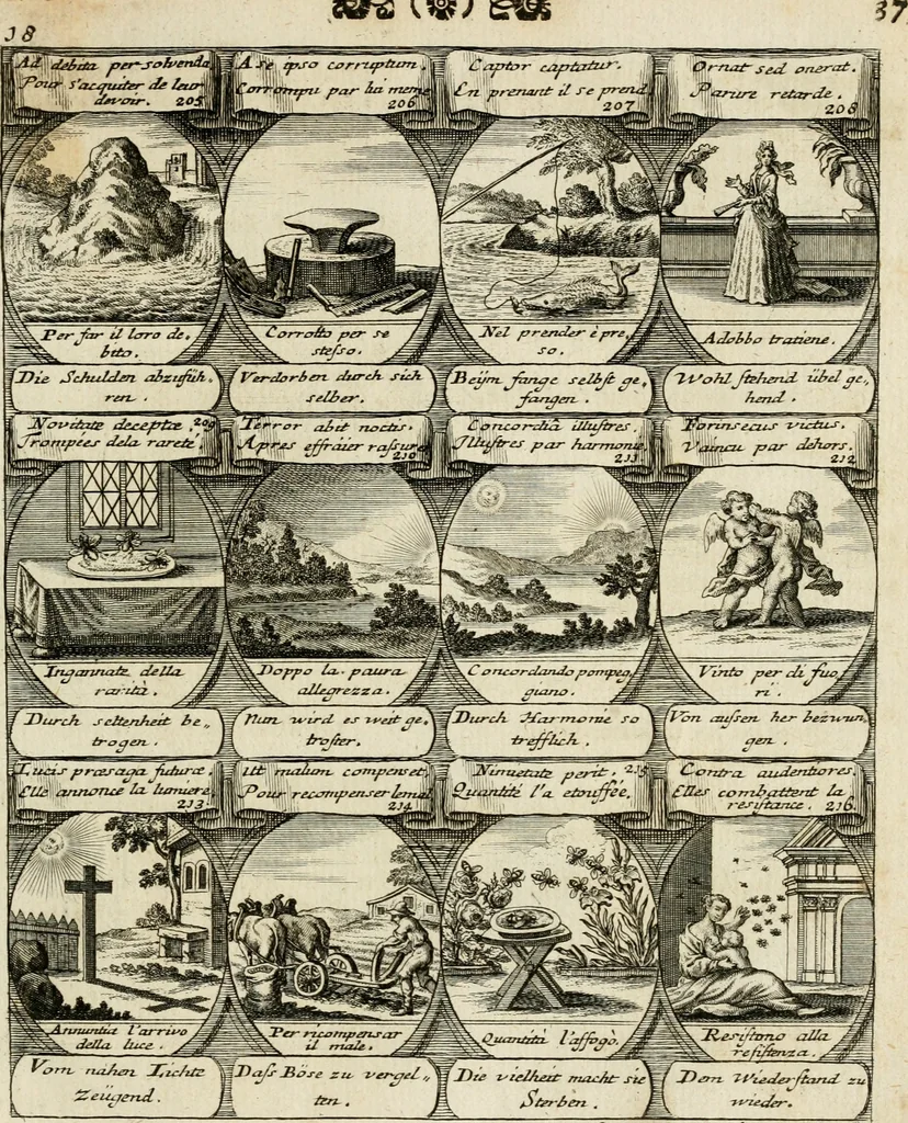 An illustration from M. Laurentii Wolfgangi Woyttens Emblematischer Parnassus : worauf die Musen, ihre Blumen-Lese, zu allerhand Freuden und Trauer-Kräntzen halten : um, den Lob-werthen Tugend-Chor, durch angenehme Rosen : hergegen, das ungezähmte Laster-Thun, mit wildem Dorn- und Distel-Flor, zu krönen : nach specialem Verlangen, in einem Gefilde, von funffzehen Hundert in dreyen verschiedlichen Theilen verfassten .., 1727, leaf 42