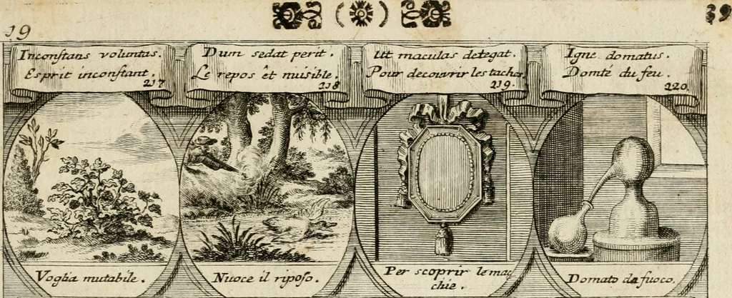 An illustration from M. Laurentii Wolfgangi Woyttens Emblematischer Parnassus : worauf die Musen, ihre Blumen-Lese, zu allerhand Freuden und Trauer-Kräntzen halten : um, den Lob-werthen Tugend-Chor, durch angenehme Rosen : hergegen, das ungezähmte Laster-Thun, mit wildem Dorn- und Distel-Flor, zu krönen : nach specialem Verlangen, in einem Gefilde, von funffzehen Hundert in dreyen verschiedlichen Theilen verfassten .., 1727, leaf 44