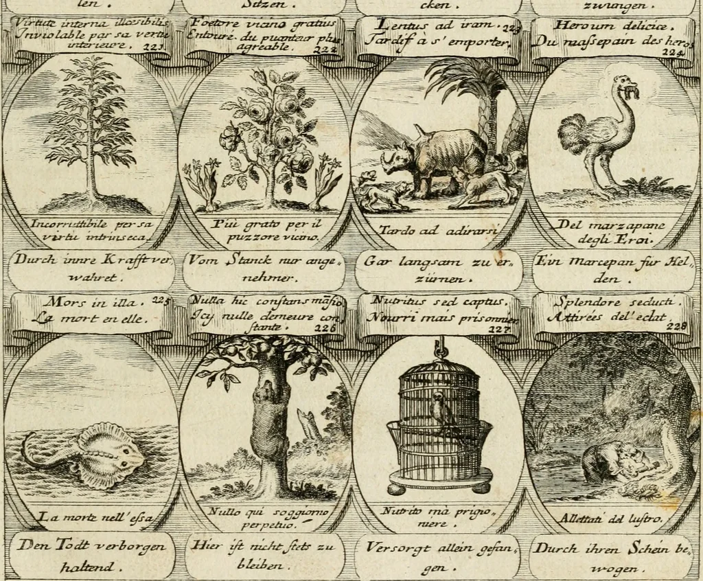 An illustration from M. Laurentii Wolfgangi Woyttens Emblematischer Parnassus : worauf die Musen, ihre Blumen-Lese, zu allerhand Freuden und Trauer-Kräntzen halten : um, den Lob-werthen Tugend-Chor, durch angenehme Rosen : hergegen, das ungezähmte Laster-Thun, mit wildem Dorn- und Distel-Flor, zu krönen : nach specialem Verlangen, in einem Gefilde, von funffzehen Hundert in dreyen verschiedlichen Theilen verfassten .., 1727, leaf 44