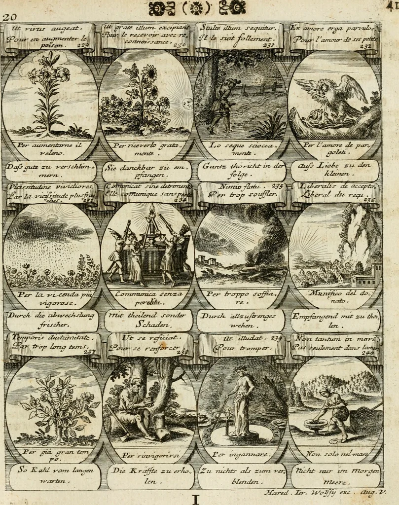 An illustration from M. Laurentii Wolfgangi Woyttens Emblematischer Parnassus : worauf die Musen, ihre Blumen-Lese, zu allerhand Freuden und Trauer-Kräntzen halten : um, den Lob-werthen Tugend-Chor, durch angenehme Rosen : hergegen, das ungezähmte Laster-Thun, mit wildem Dorn- und Distel-Flor, zu krönen : nach specialem Verlangen, in einem Gefilde, von funffzehen Hundert in dreyen verschiedlichen Theilen verfassten .., 1727, leaf 46