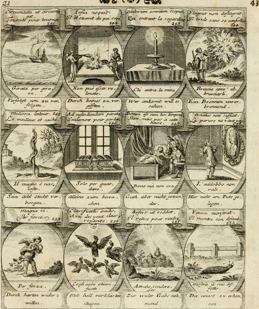 An illustration from M. Laurentii Wolfgangi Woyttens Emblematischer Parnassus : worauf die Musen, ihre Blumen-Lese, zu allerhand Freuden und Trauer-Kräntzen halten : um, den Lob-werthen Tugend-Chor, durch angenehme Rosen : hergegen, das ungezähmte Laster-Thun, mit wildem Dorn- und Distel-Flor, zu krönen : nach specialem Verlangen, in einem Gefilde, von funffzehen Hundert in dreyen verschiedlichen Theilen verfassten .., 1727, leaf 48