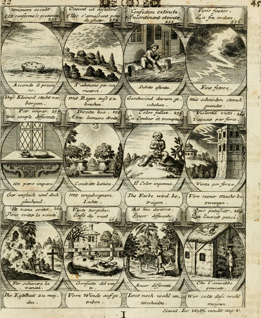 An illustration from M. Laurentii Wolfgangi Woyttens Emblematischer Parnassus : worauf die Musen, ihre Blumen-Lese, zu allerhand Freuden und Trauer-Kräntzen halten : um, den Lob-werthen Tugend-Chor, durch angenehme Rosen : hergegen, das ungezähmte Laster-Thun, mit wildem Dorn- und Distel-Flor, zu krönen : nach specialem Verlangen, in einem Gefilde, von funffzehen Hundert in dreyen verschiedlichen Theilen verfassten .., 1727, leaf 50