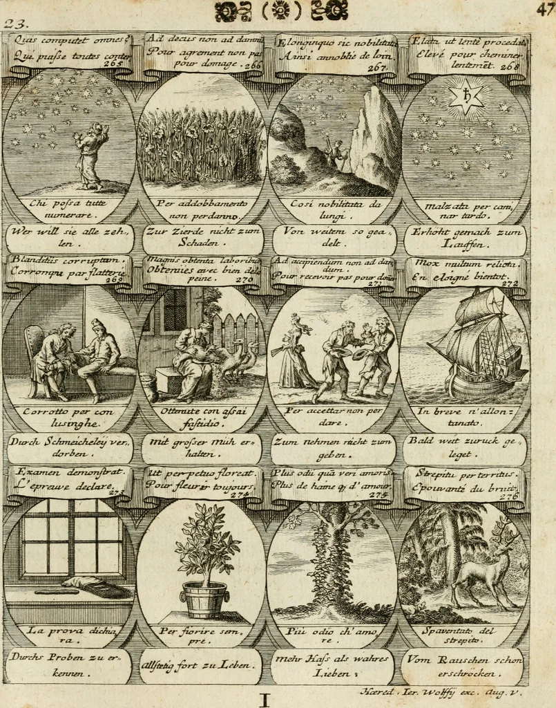 An illustration from M. Laurentii Wolfgangi Woyttens Emblematischer Parnassus : worauf die Musen, ihre Blumen-Lese, zu allerhand Freuden und Trauer-Kräntzen halten : um, den Lob-werthen Tugend-Chor, durch angenehme Rosen : hergegen, das ungezähmte Laster-Thun, mit wildem Dorn- und Distel-Flor, zu krönen : nach specialem Verlangen, in einem Gefilde, von funffzehen Hundert in dreyen verschiedlichen Theilen verfassten .., 1727, leaf 52
