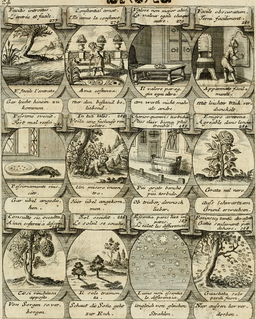 An illustration from M. Laurentii Wolfgangi Woyttens Emblematischer Parnassus : worauf die Musen, ihre Blumen-Lese, zu allerhand Freuden und Trauer-Kräntzen halten : um, den Lob-werthen Tugend-Chor, durch angenehme Rosen : hergegen, das ungezähmte Laster-Thun, mit wildem Dorn- und Distel-Flor, zu krönen : nach specialem Verlangen, in einem Gefilde, von funffzehen Hundert in dreyen verschiedlichen Theilen verfassten .., 1727, leaf 54