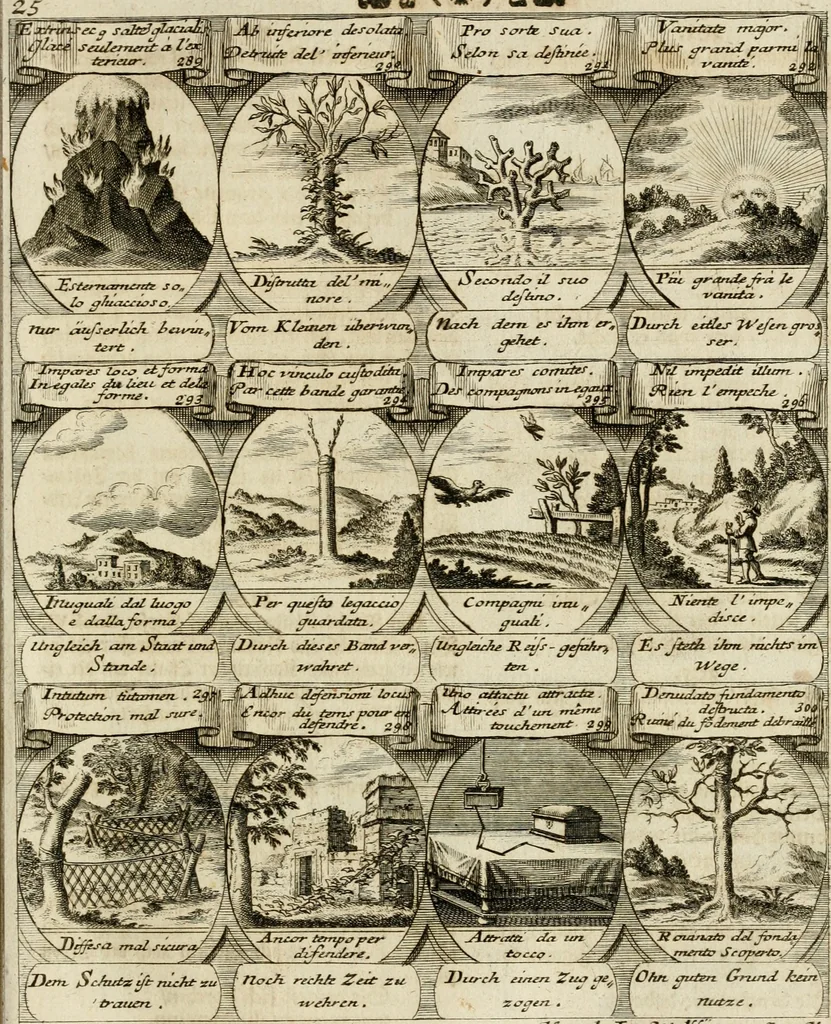 An illustration from M. Laurentii Wolfgangi Woyttens Emblematischer Parnassus : worauf die Musen, ihre Blumen-Lese, zu allerhand Freuden und Trauer-Kräntzen halten : um, den Lob-werthen Tugend-Chor, durch angenehme Rosen : hergegen, das ungezähmte Laster-Thun, mit wildem Dorn- und Distel-Flor, zu krönen : nach specialem Verlangen, in einem Gefilde, von funffzehen Hundert in dreyen verschiedlichen Theilen verfassten .., 1727, leaf 56