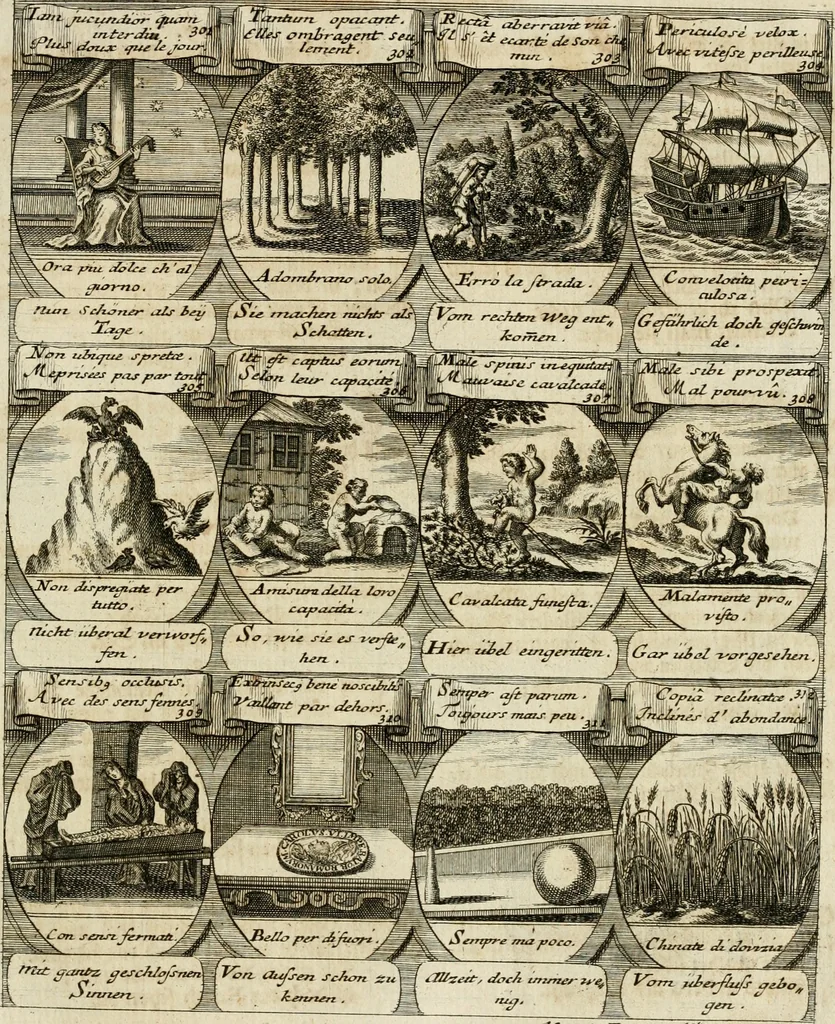 An illustration from M. Laurentii Wolfgangi Woyttens Emblematischer Parnassus : worauf die Musen, ihre Blumen-Lese, zu allerhand Freuden und Trauer-Kräntzen halten : um, den Lob-werthen Tugend-Chor, durch angenehme Rosen : hergegen, das ungezähmte Laster-Thun, mit wildem Dorn- und Distel-Flor, zu krönen : nach specialem Verlangen, in einem Gefilde, von funffzehen Hundert in dreyen verschiedlichen Theilen verfassten .., 1727, leaf 58