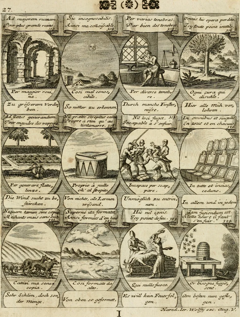 An illustration from M. Laurentii Wolfgangi Woyttens Emblematischer Parnassus : worauf die Musen, ihre Blumen-Lese, zu allerhand Freuden und Trauer-Kräntzen halten : um, den Lob-werthen Tugend-Chor, durch angenehme Rosen : hergegen, das ungezähmte Laster-Thun, mit wildem Dorn- und Distel-Flor, zu krönen : nach specialem Verlangen, in einem Gefilde, von funffzehen Hundert in dreyen verschiedlichen Theilen verfassten .., 1727, leaf 60