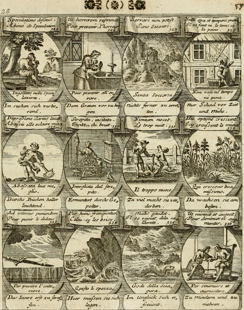 An illustration from M. Laurentii Wolfgangi Woyttens Emblematischer Parnassus : worauf die Musen, ihre Blumen-Lese, zu allerhand Freuden und Trauer-Kräntzen halten : um, den Lob-werthen Tugend-Chor, durch angenehme Rosen : hergegen, das ungezähmte Laster-Thun, mit wildem Dorn- und Distel-Flor, zu krönen : nach specialem Verlangen, in einem Gefilde, von funffzehen Hundert in dreyen verschiedlichen Theilen verfassten .., 1727, leaf 62