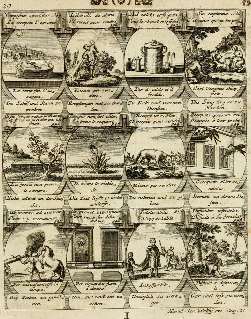 An illustration from M. Laurentii Wolfgangi Woyttens Emblematischer Parnassus : worauf die Musen, ihre Blumen-Lese, zu allerhand Freuden und Trauer-Kräntzen halten : um, den Lob-werthen Tugend-Chor, durch angenehme Rosen : hergegen, das ungezähmte Laster-Thun, mit wildem Dorn- und Distel-Flor, zu krönen : nach specialem Verlangen, in einem Gefilde, von funffzehen Hundert in dreyen verschiedlichen Theilen verfassten .., 1727, leaf 64