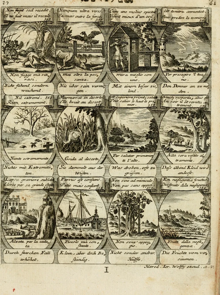An illustration from M. Laurentii Wolfgangi Woyttens Emblematischer Parnassus : worauf die Musen, ihre Blumen-Lese, zu allerhand Freuden und Trauer-Kräntzen halten : um, den Lob-werthen Tugend-Chor, durch angenehme Rosen : hergegen, das ungezähmte Laster-Thun, mit wildem Dorn- und Distel-Flor, zu krönen : nach specialem Verlangen, in einem Gefilde, von funffzehen Hundert in dreyen verschiedlichen Theilen verfassten .., 1727, leaf 66