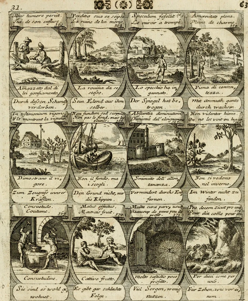 An illustration from M. Laurentii Wolfgangi Woyttens Emblematischer Parnassus : worauf die Musen, ihre Blumen-Lese, zu allerhand Freuden und Trauer-Kräntzen halten : um, den Lob-werthen Tugend-Chor, durch angenehme Rosen : hergegen, das ungezähmte Laster-Thun, mit wildem Dorn- und Distel-Flor, zu krönen : nach specialem Verlangen, in einem Gefilde, von funffzehen Hundert in dreyen verschiedlichen Theilen verfassten .., 1727, leaf 68