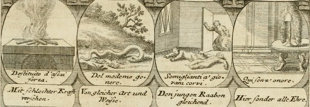 An illustration from M. Laurentii Wolfgangi Woyttens Emblematischer Parnassus : worauf die Musen, ihre Blumen-Lese, zu allerhand Freuden und Trauer-Kräntzen halten : um, den Lob-werthen Tugend-Chor, durch angenehme Rosen : hergegen, das ungezähmte Laster-Thun, mit wildem Dorn- und Distel-Flor, zu krönen : nach specialem Verlangen, in einem Gefilde, von funffzehen Hundert in dreyen verschiedlichen Theilen verfassten .., 1727, leaf 70