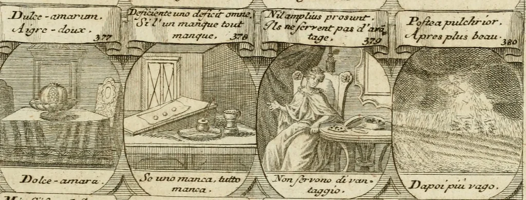 An illustration from M. Laurentii Wolfgangi Woyttens Emblematischer Parnassus : worauf die Musen, ihre Blumen-Lese, zu allerhand Freuden und Trauer-Kräntzen halten : um, den Lob-werthen Tugend-Chor, durch angenehme Rosen : hergegen, das ungezähmte Laster-Thun, mit wildem Dorn- und Distel-Flor, zu krönen : nach specialem Verlangen, in einem Gefilde, von funffzehen Hundert in dreyen verschiedlichen Theilen verfassten .., 1727, leaf 70