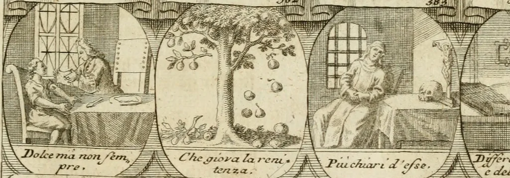 An illustration from M. Laurentii Wolfgangi Woyttens Emblematischer Parnassus : worauf die Musen, ihre Blumen-Lese, zu allerhand Freuden und Trauer-Kräntzen halten : um, den Lob-werthen Tugend-Chor, durch angenehme Rosen : hergegen, das ungezähmte Laster-Thun, mit wildem Dorn- und Distel-Flor, zu krönen : nach specialem Verlangen, in einem Gefilde, von funffzehen Hundert in dreyen verschiedlichen Theilen verfassten .., 1727, leaf 70
