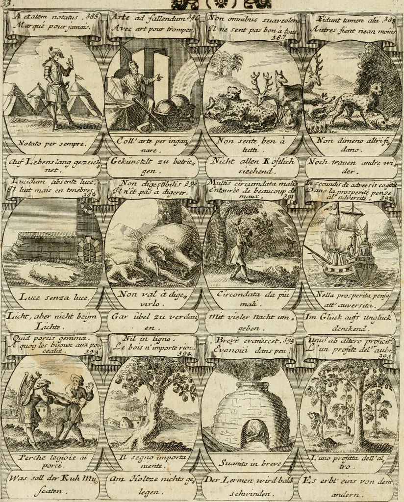 An illustration from M. Laurentii Wolfgangi Woyttens Emblematischer Parnassus : worauf die Musen, ihre Blumen-Lese, zu allerhand Freuden und Trauer-Kräntzen halten : um, den Lob-werthen Tugend-Chor, durch angenehme Rosen : hergegen, das ungezähmte Laster-Thun, mit wildem Dorn- und Distel-Flor, zu krönen : nach specialem Verlangen, in einem Gefilde, von funffzehen Hundert in dreyen verschiedlichen Theilen verfassten .., 1727, leaf 72
