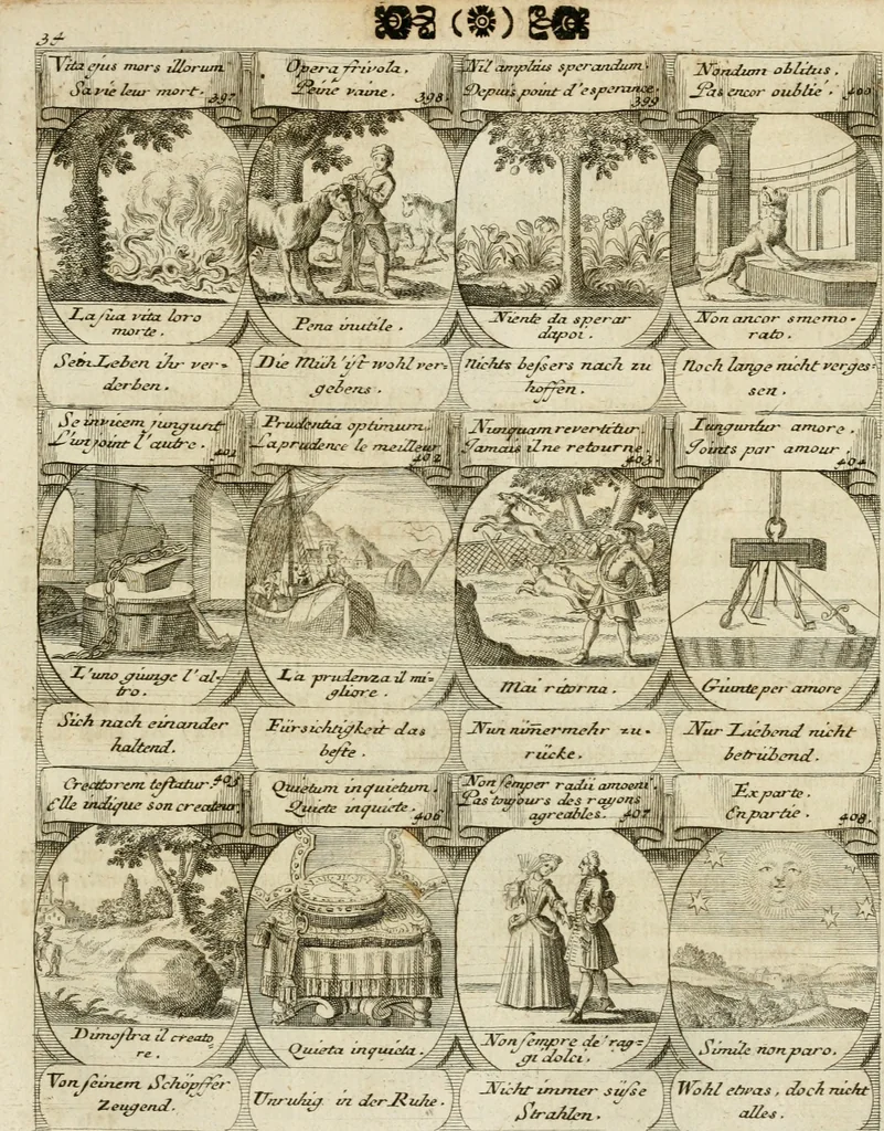 An illustration from M. Laurentii Wolfgangi Woyttens Emblematischer Parnassus : worauf die Musen, ihre Blumen-Lese, zu allerhand Freuden und Trauer-Kräntzen halten : um, den Lob-werthen Tugend-Chor, durch angenehme Rosen : hergegen, das ungezähmte Laster-Thun, mit wildem Dorn- und Distel-Flor, zu krönen : nach specialem Verlangen, in einem Gefilde, von funffzehen Hundert in dreyen verschiedlichen Theilen verfassten .., 1727, leaf 74