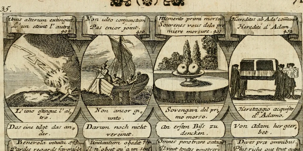 An illustration from M. Laurentii Wolfgangi Woyttens Emblematischer Parnassus : worauf die Musen, ihre Blumen-Lese, zu allerhand Freuden und Trauer-Kräntzen halten : um, den Lob-werthen Tugend-Chor, durch angenehme Rosen : hergegen, das ungezähmte Laster-Thun, mit wildem Dorn- und Distel-Flor, zu krönen : nach specialem Verlangen, in einem Gefilde, von funffzehen Hundert in dreyen verschiedlichen Theilen verfassten .., 1727, leaf 76