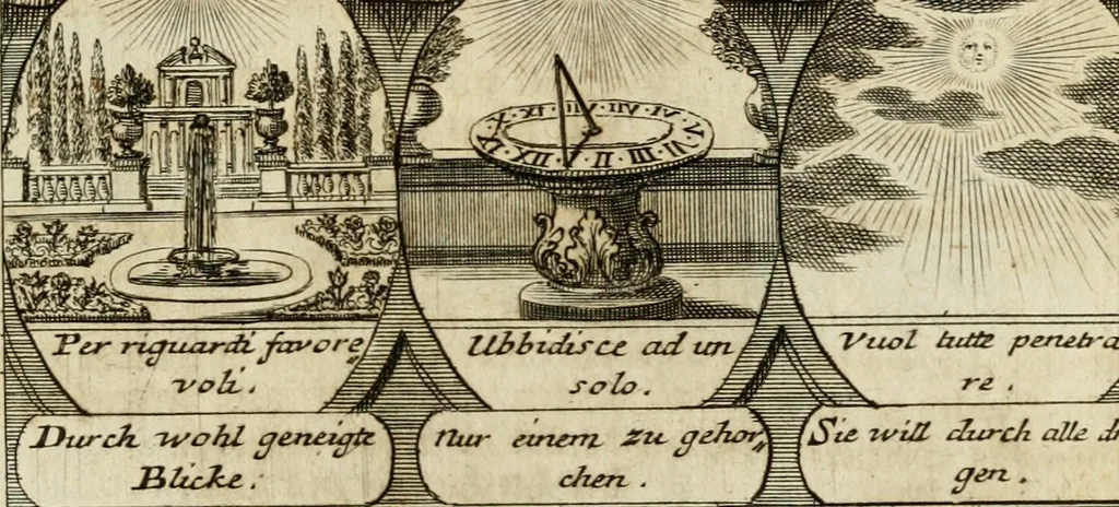 An illustration from M. Laurentii Wolfgangi Woyttens Emblematischer Parnassus : worauf die Musen, ihre Blumen-Lese, zu allerhand Freuden und Trauer-Kräntzen halten : um, den Lob-werthen Tugend-Chor, durch angenehme Rosen : hergegen, das ungezähmte Laster-Thun, mit wildem Dorn- und Distel-Flor, zu krönen : nach specialem Verlangen, in einem Gefilde, von funffzehen Hundert in dreyen verschiedlichen Theilen verfassten .., 1727, leaf 76
