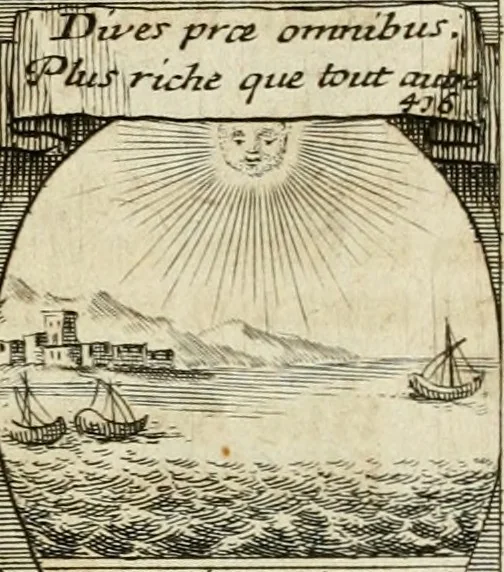 An illustration from M. Laurentii Wolfgangi Woyttens Emblematischer Parnassus : worauf die Musen, ihre Blumen-Lese, zu allerhand Freuden und Trauer-Kräntzen halten : um, den Lob-werthen Tugend-Chor, durch angenehme Rosen : hergegen, das ungezähmte Laster-Thun, mit wildem Dorn- und Distel-Flor, zu krönen : nach specialem Verlangen, in einem Gefilde, von funffzehen Hundert in dreyen verschiedlichen Theilen verfassten .., 1727, leaf 76