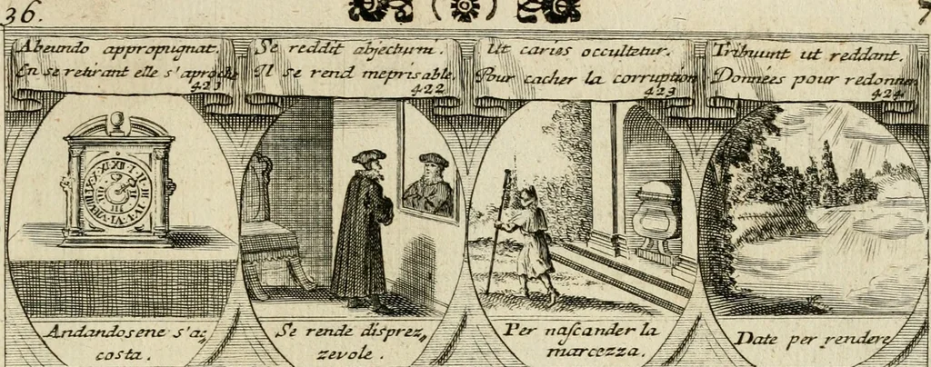 An illustration from M. Laurentii Wolfgangi Woyttens Emblematischer Parnassus : worauf die Musen, ihre Blumen-Lese, zu allerhand Freuden und Trauer-Kräntzen halten : um, den Lob-werthen Tugend-Chor, durch angenehme Rosen : hergegen, das ungezähmte Laster-Thun, mit wildem Dorn- und Distel-Flor, zu krönen : nach specialem Verlangen, in einem Gefilde, von funffzehen Hundert in dreyen verschiedlichen Theilen verfassten .., 1727, leaf 78