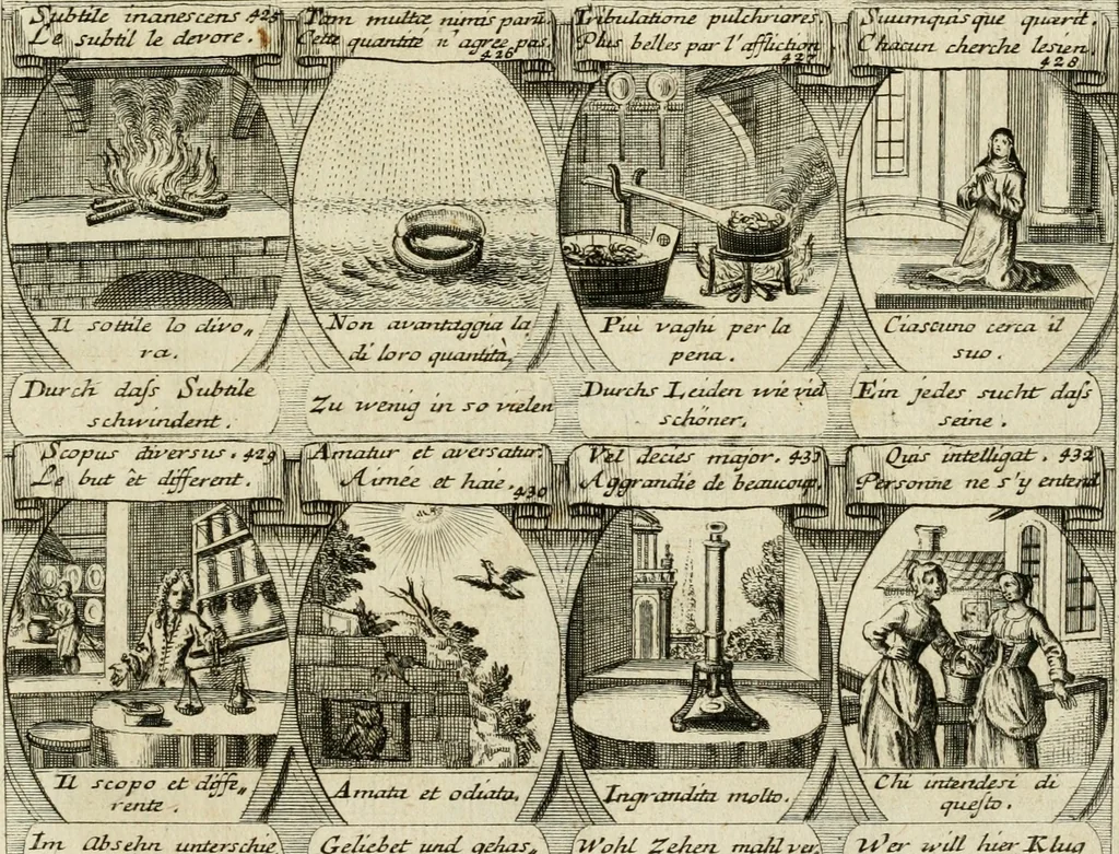 An illustration from M. Laurentii Wolfgangi Woyttens Emblematischer Parnassus : worauf die Musen, ihre Blumen-Lese, zu allerhand Freuden und Trauer-Kräntzen halten : um, den Lob-werthen Tugend-Chor, durch angenehme Rosen : hergegen, das ungezähmte Laster-Thun, mit wildem Dorn- und Distel-Flor, zu krönen : nach specialem Verlangen, in einem Gefilde, von funffzehen Hundert in dreyen verschiedlichen Theilen verfassten .., 1727, leaf 78