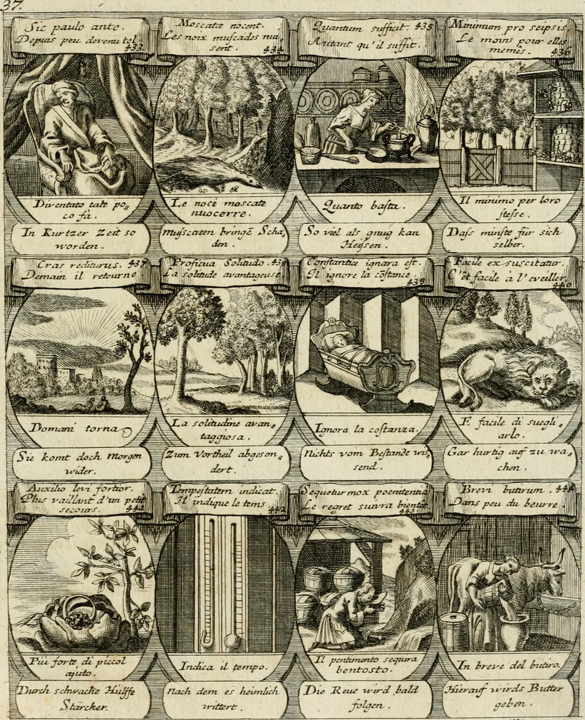 An illustration from M. Laurentii Wolfgangi Woyttens Emblematischer Parnassus : worauf die Musen, ihre Blumen-Lese, zu allerhand Freuden und Trauer-Kräntzen halten : um, den Lob-werthen Tugend-Chor, durch angenehme Rosen : hergegen, das ungezähmte Laster-Thun, mit wildem Dorn- und Distel-Flor, zu krönen : nach specialem Verlangen, in einem Gefilde, von funffzehen Hundert in dreyen verschiedlichen Theilen verfassten .., 1727, leaf 80