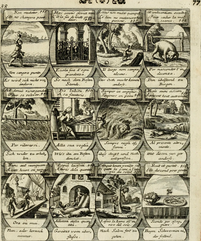 An illustration from M. Laurentii Wolfgangi Woyttens Emblematischer Parnassus : worauf die Musen, ihre Blumen-Lese, zu allerhand Freuden und Trauer-Kräntzen halten : um, den Lob-werthen Tugend-Chor, durch angenehme Rosen : hergegen, das ungezähmte Laster-Thun, mit wildem Dorn- und Distel-Flor, zu krönen : nach specialem Verlangen, in einem Gefilde, von funffzehen Hundert in dreyen verschiedlichen Theilen verfassten .., 1727, leaf 82
