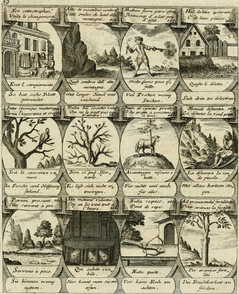 An illustration from M. Laurentii Wolfgangi Woyttens Emblematischer Parnassus : worauf die Musen, ihre Blumen-Lese, zu allerhand Freuden und Trauer-Kräntzen halten : um, den Lob-werthen Tugend-Chor, durch angenehme Rosen : hergegen, das ungezähmte Laster-Thun, mit wildem Dorn- und Distel-Flor, zu krönen : nach specialem Verlangen, in einem Gefilde, von funffzehen Hundert in dreyen verschiedlichen Theilen verfassten .., 1727, leaf 84
