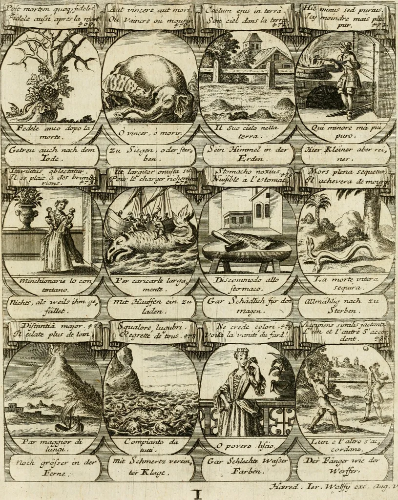 An illustration from M. Laurentii Wolfgangi Woyttens Emblematischer Parnassus : worauf die Musen, ihre Blumen-Lese, zu allerhand Freuden und Trauer-Kräntzen halten : um, den Lob-werthen Tugend-Chor, durch angenehme Rosen : hergegen, das ungezähmte Laster-Thun, mit wildem Dorn- und Distel-Flor, zu krönen : nach specialem Verlangen, in einem Gefilde, von funffzehen Hundert in dreyen verschiedlichen Theilen verfassten .., 1727, leaf 86