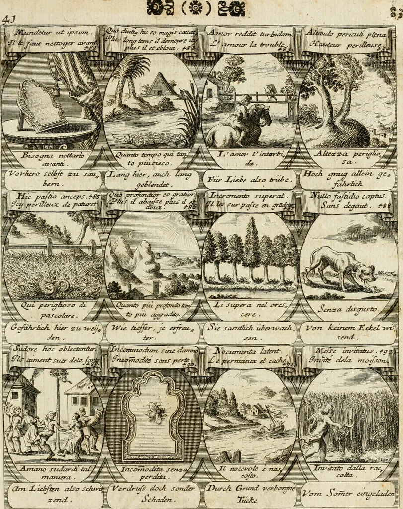 An illustration from M. Laurentii Wolfgangi Woyttens Emblematischer Parnassus : worauf die Musen, ihre Blumen-Lese, zu allerhand Freuden und Trauer-Kräntzen halten : um, den Lob-werthen Tugend-Chor, durch angenehme Rosen : hergegen, das ungezähmte Laster-Thun, mit wildem Dorn- und Distel-Flor, zu krönen : nach specialem Verlangen, in einem Gefilde, von funffzehen Hundert in dreyen verschiedlichen Theilen verfassten .., 1727, leaf 88