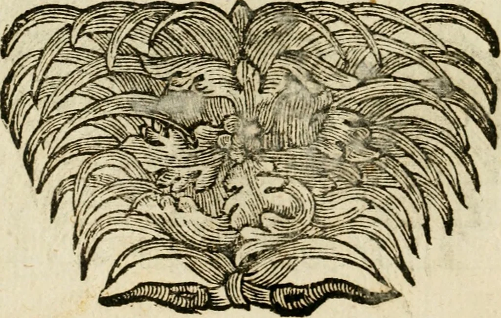 An illustration from M. Laurentii Wolfgangi Woyttens Emblematischer Parnassus : worauf die Musen, ihre Blumen-Lese, zu allerhand Freuden und Trauer-Kräntzen halten : um, den Lob-werthen Tugend-Chor, durch angenehme Rosen : hergegen, das ungezähmte Laster-Thun, mit wildem Dorn- und Distel-Flor, zu krönen : nach specialem Verlangen, in einem Gefilde, von funffzehen Hundert in dreyen verschiedlichen Theilen verfassten .., 1727, leaf 89