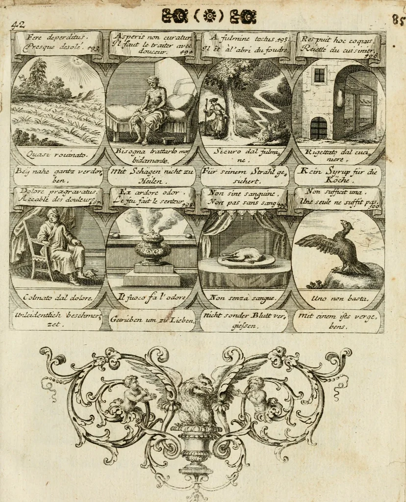 An illustration from M. Laurentii Wolfgangi Woyttens Emblematischer Parnassus : worauf die Musen, ihre Blumen-Lese, zu allerhand Freuden und Trauer-Kräntzen halten : um, den Lob-werthen Tugend-Chor, durch angenehme Rosen : hergegen, das ungezähmte Laster-Thun, mit wildem Dorn- und Distel-Flor, zu krönen : nach specialem Verlangen, in einem Gefilde, von funffzehen Hundert in dreyen verschiedlichen Theilen verfassten .., 1727, leaf 90