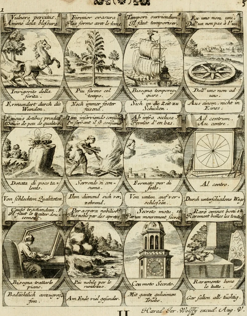 An illustration from M. Laurentii Wolfgangi Woyttens Emblematischer Parnassus : worauf die Musen, ihre Blumen-Lese, zu allerhand Freuden und Trauer-Kräntzen halten : um, den Lob-werthen Tugend-Chor, durch angenehme Rosen : hergegen, das ungezähmte Laster-Thun, mit wildem Dorn- und Distel-Flor, zu krönen : nach specialem Verlangen, in einem Gefilde, von funffzehen Hundert in dreyen verschiedlichen Theilen verfassten .., 1727, leaf 96