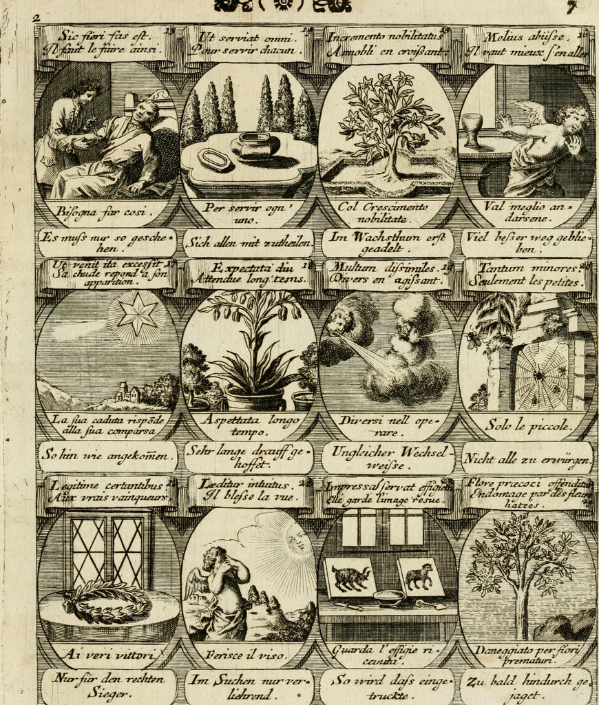 An illustration from M. Laurentii Wolfgangi Woyttens Emblematischer Parnassus : worauf die Musen, ihre Blumen-Lese, zu allerhand Freuden und Trauer-Kräntzen halten : um, den Lob-werthen Tugend-Chor, durch angenehme Rosen : hergegen, das ungezähmte Laster-Thun, mit wildem Dorn- und Distel-Flor, zu krönen : nach specialem Verlangen, in einem Gefilde, von funffzehen Hundert in dreyen verschiedlichen Theilen verfassten .., 1727, leaf 98